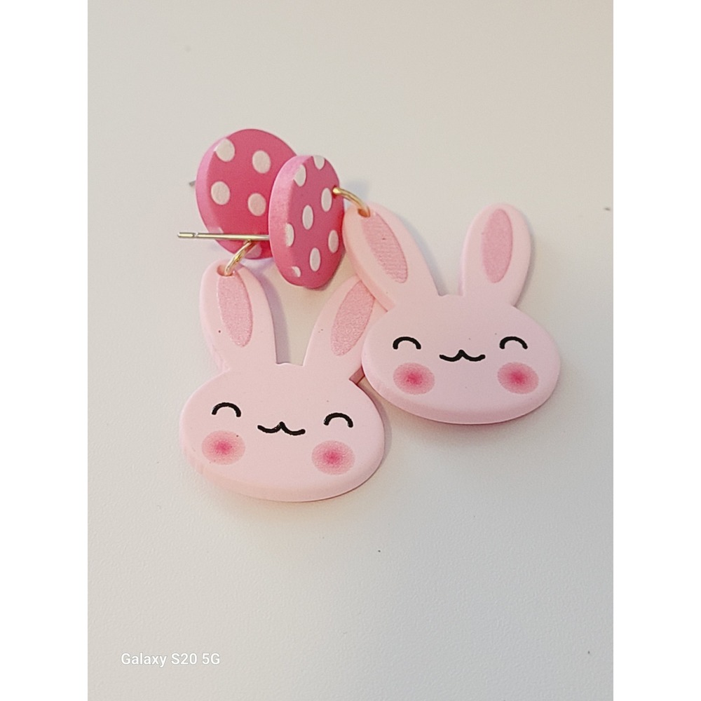 Pink Bunny Rabbit Polka Dot Drop Stud Earrings Handmade Jewelry NEW Easter - Picture 6 of 8